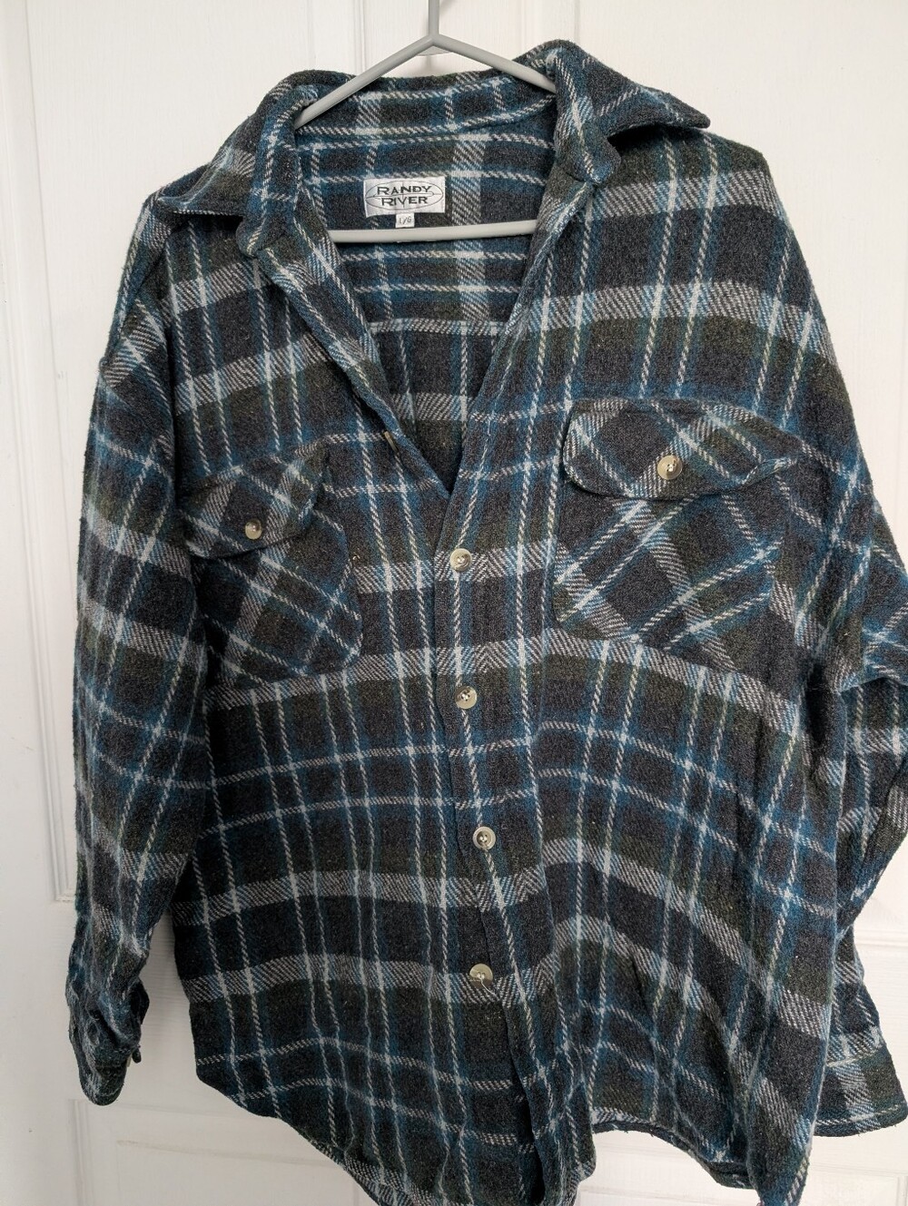 Vintage 90s Randy River Men's Gray & Blue Plaid Button-Up Shirt